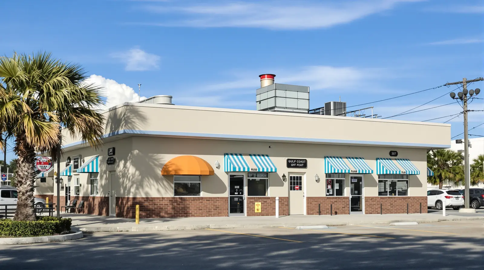 Commercial restaurant building with flat roof on the Gulf Coast, showing rooftop HVAC equipment and kitchen exhaust systems