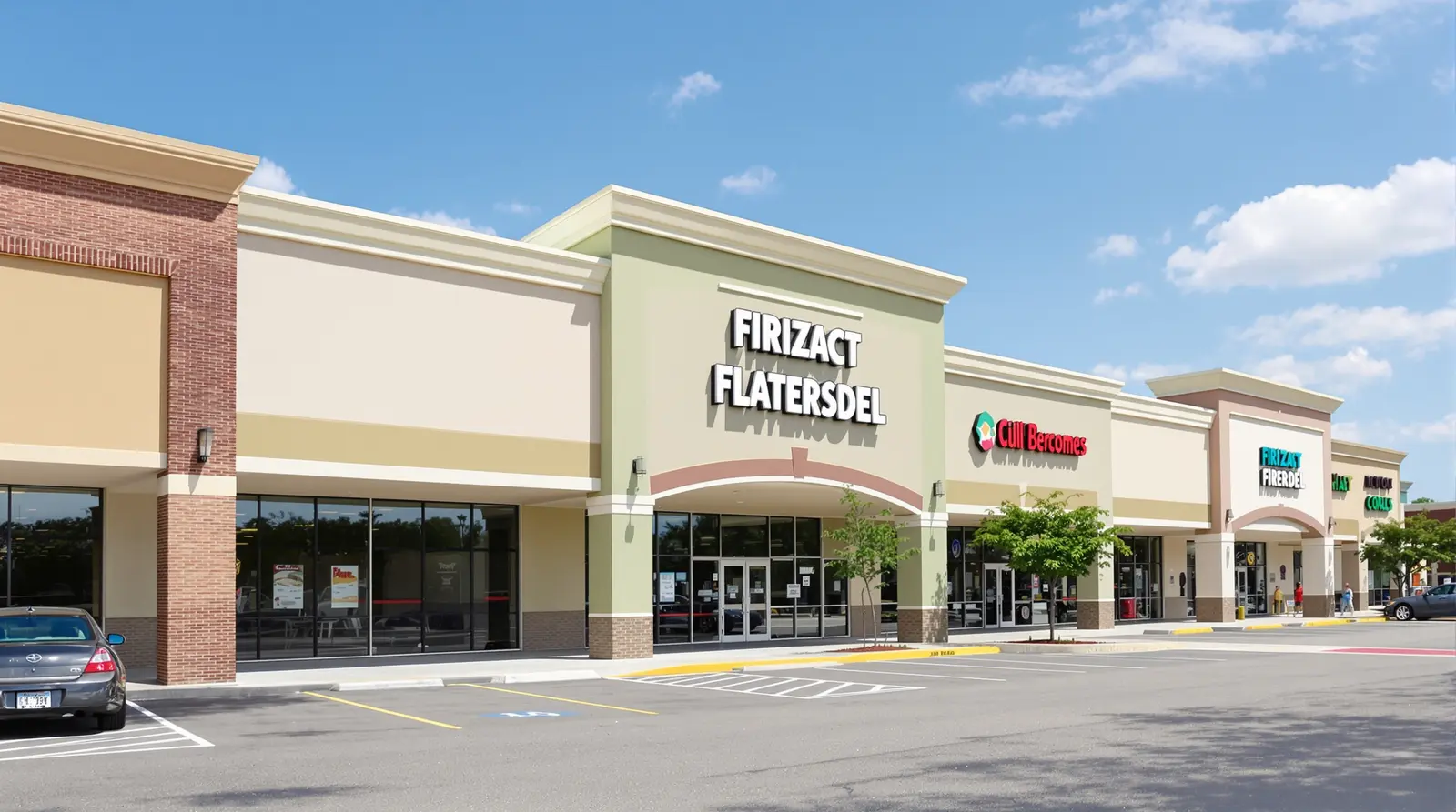Retail strip mall with flat roof on the Gulf Coast showing multiple tenant bays and HVAC units