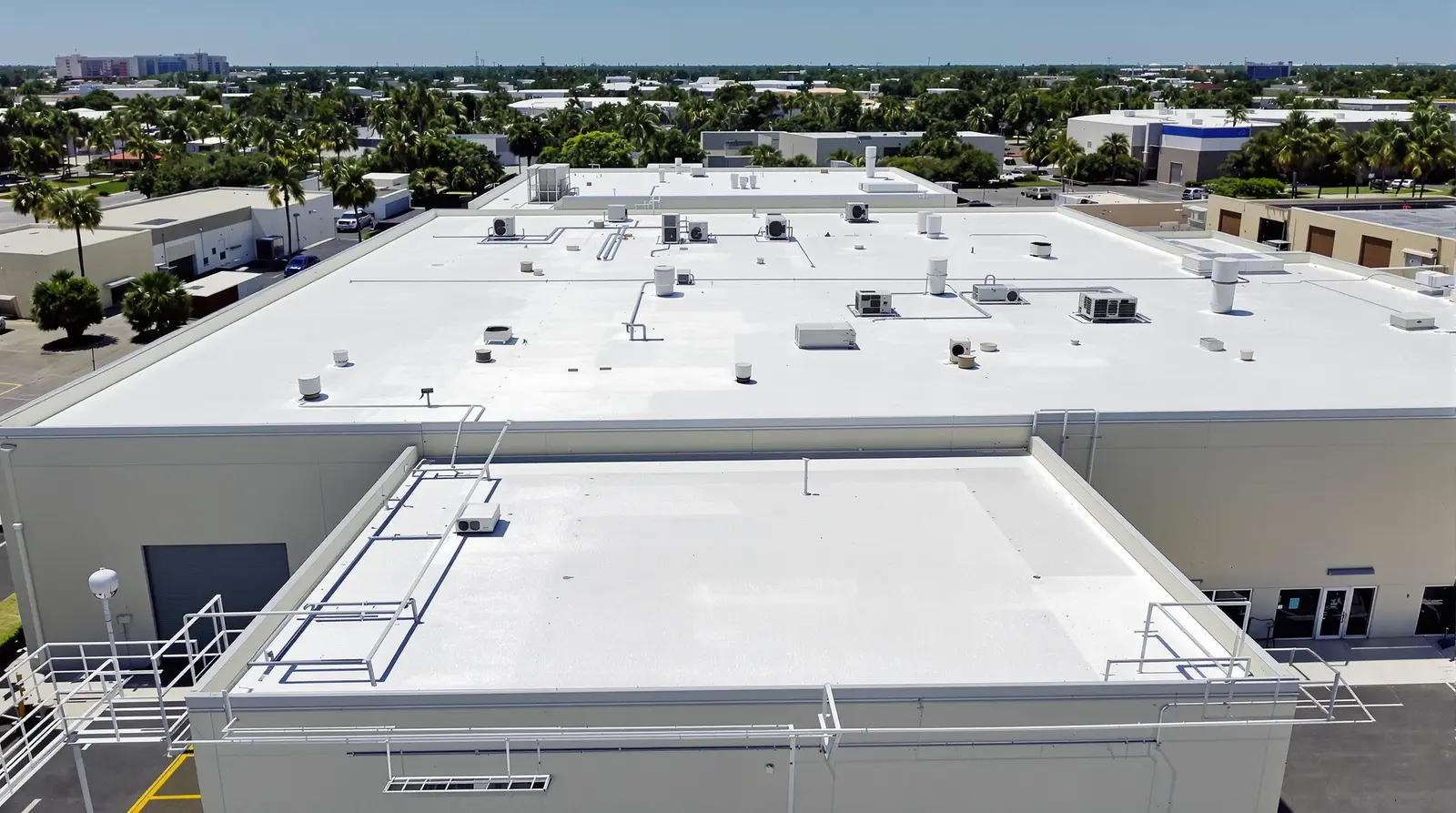 Aerial view of a commercial flat roof on the Gulf Coast