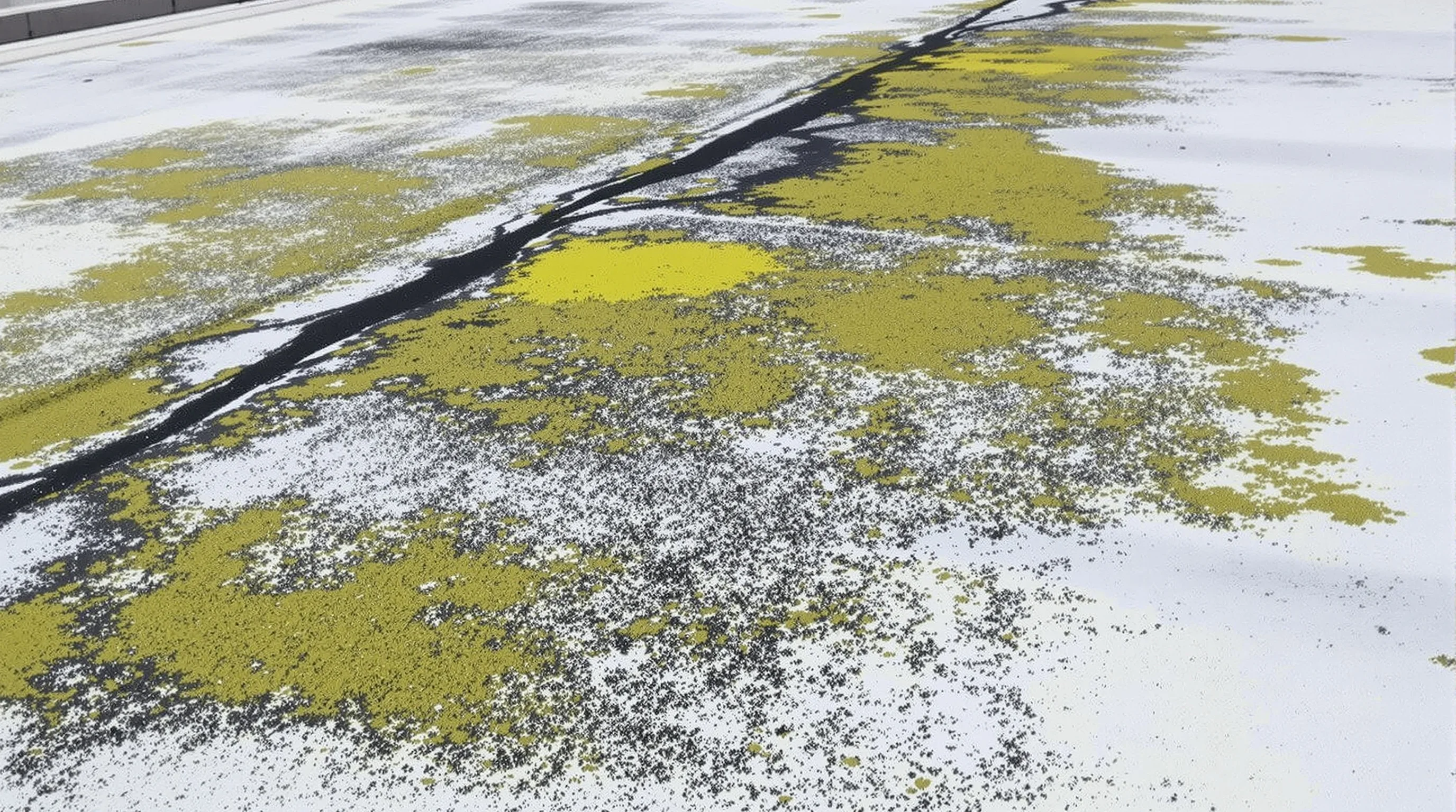 Green algae and dark biological growth covering sections of a commercial flat roof membrane in a humid Gulf Coast climate
