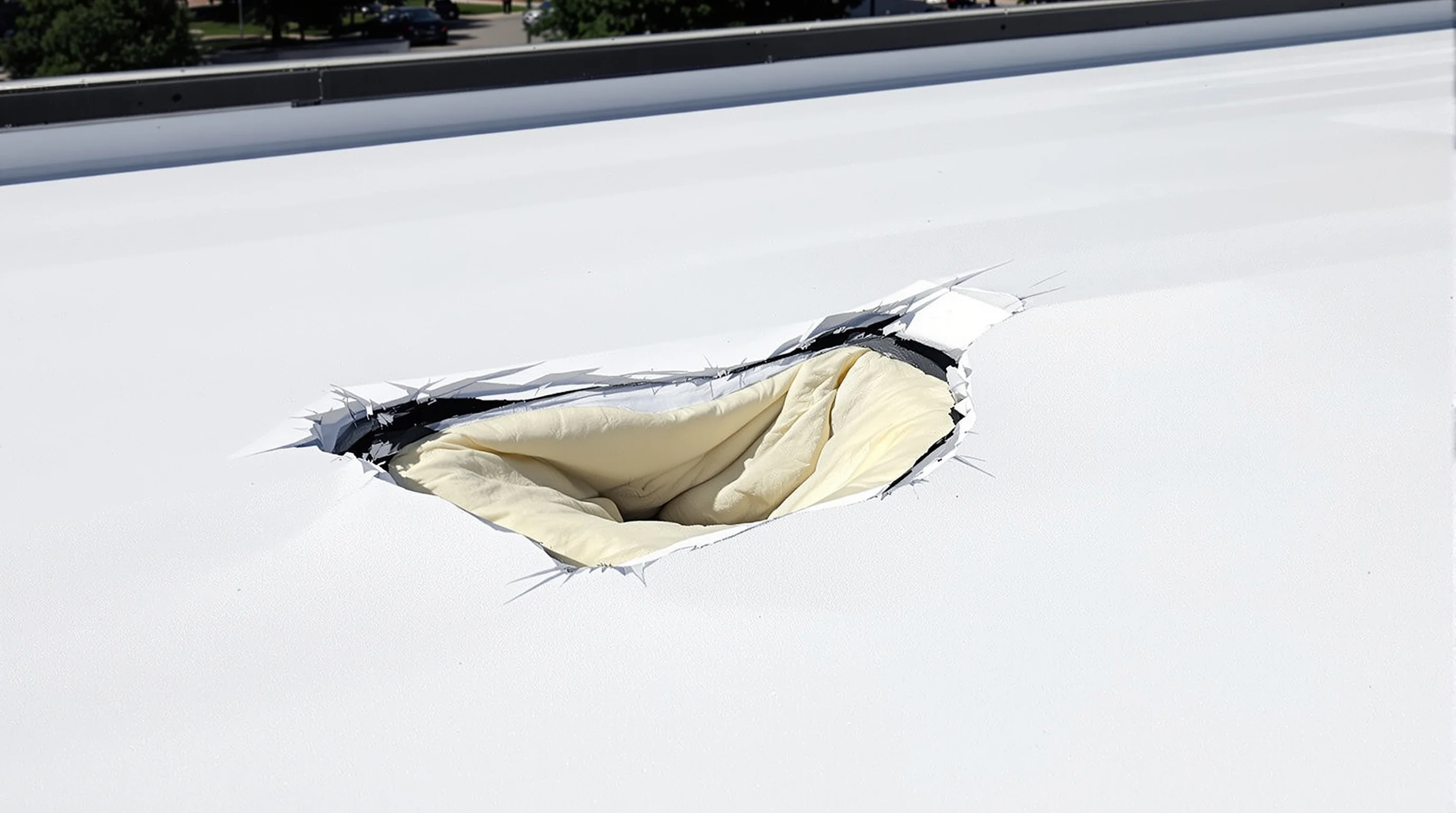 Puncture damage on a white TPO commercial roofing membrane with a clear tear exposing the insulation beneath