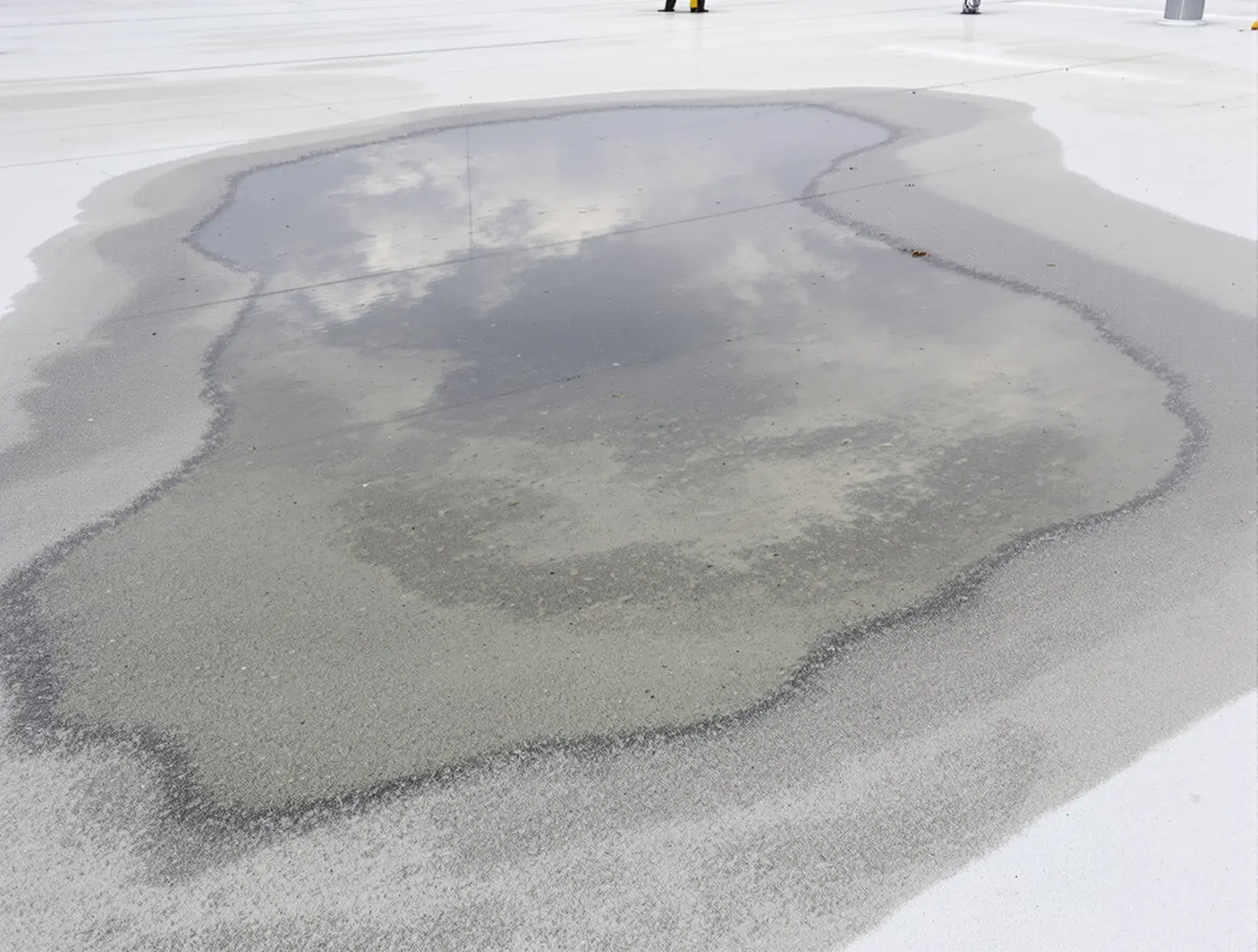 Standing water ponding on a commercial flat roof surface after rainfall